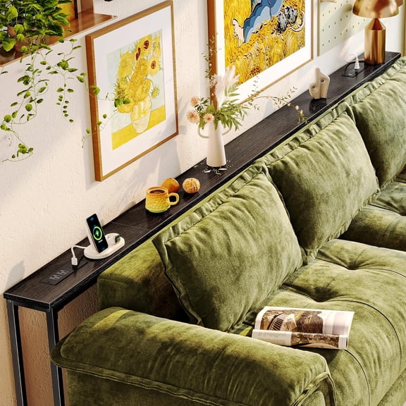 110.2 Inch Behind Couch Table with 2 Power Outlets and USB-C Ports, Extra Long Narrow Sofa Table for Sectional Sofa, Skinny Console Table with Anti-Bump Pads, for Living Room, Black