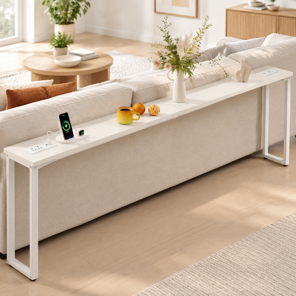 110.2 Inch Behind Couch Table With 2 Power Outlets Andb-c Ports Extra Long Narrow Sofa For Sectional Skinny Console Anti-bump Pad