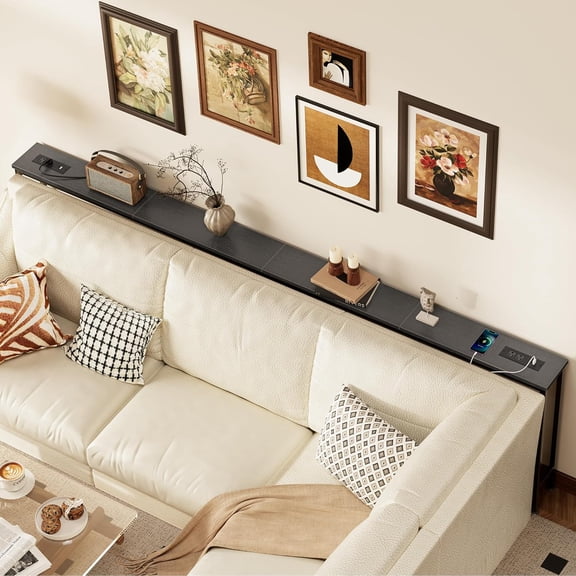 110.2 Inch Sofa Table with Power Outlets and USB-C Ports, 5.9 Inch Narrow Console Tables, Entryway Hallway Couch Tables with Storage, Behind Sofa, Small Spaces, Living Room, Black