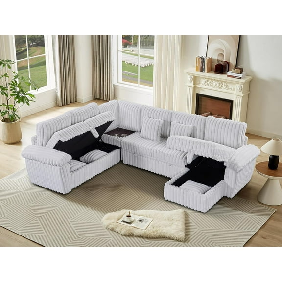 110.2" L-Shaped Convertible Corduroy Modular Sectional Sleeper Sofa with Pull-Out Bed & Storage Seat & USB, Modern Oversized Upholstered 5-Seater Couch Bed, Easy Assembly, for Living Room, Light Gray