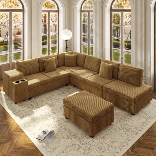 110.2" L-Shaped Convertible Sleeper Sectional Sofa Set with Removable Ottoman, Hidden Armrest Storage, USB & Type-C Charging Ports, Cup Holders, Plush Corduroy, Camel