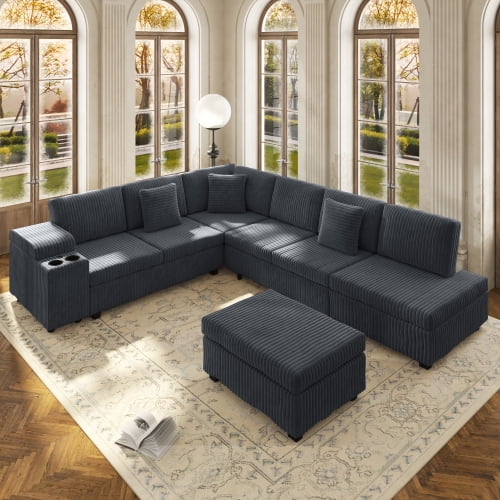 110.2" L-Shaped Convertible Sleeper Sectional Sofa Set with Removable Ottoman, Hidden Armrest Storage, USB & Type-C Charging Ports, Cup Holders, Plush Corduroy, Dark Grey