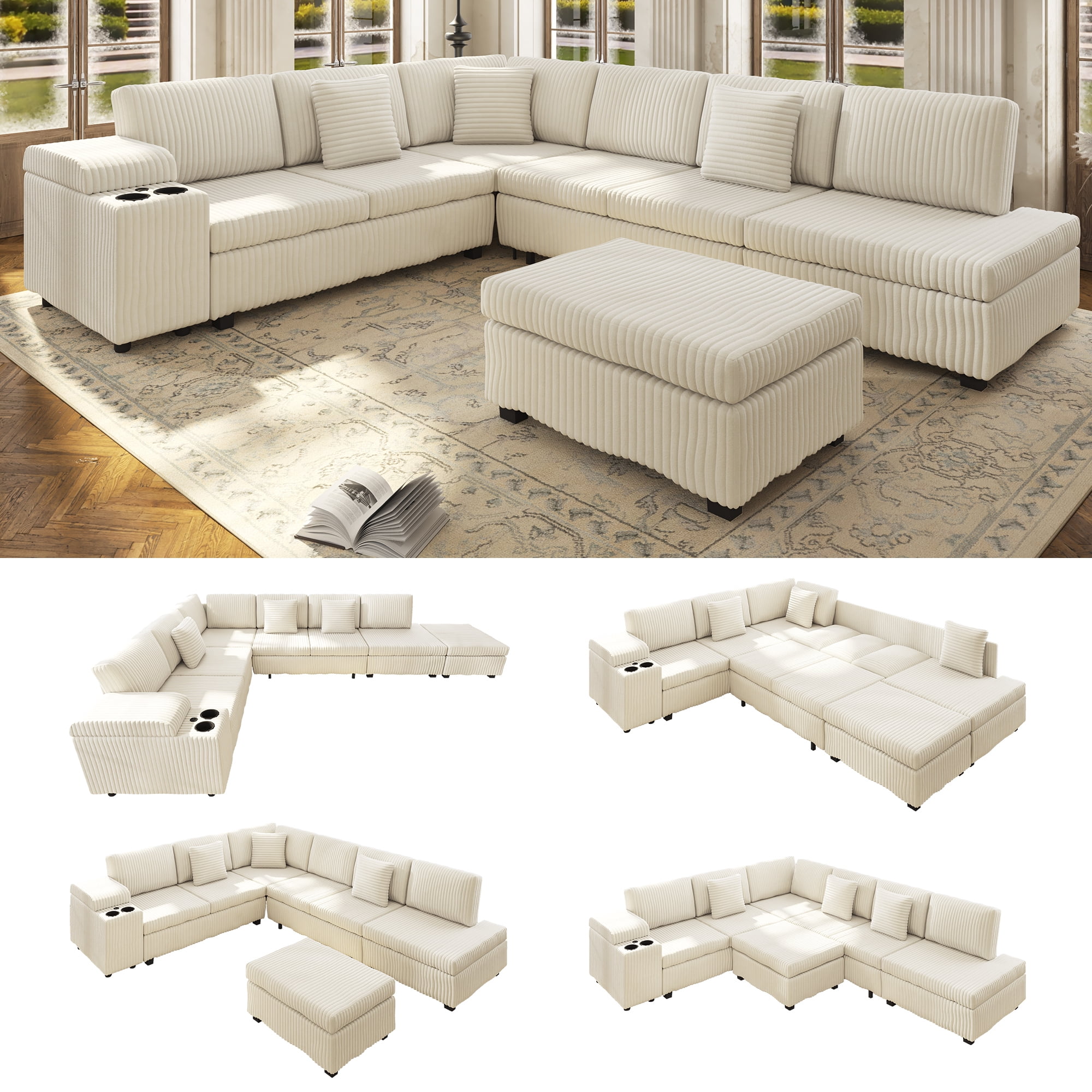 110.2" L-Shaped Sectional Sofa with Removable Ottoman, Covertible Sleeper Sofa with Hidden Armrest Storage, USB Ports & Cup Holders, Plush Corduroy Convertible Couch for Living Room, Apartment