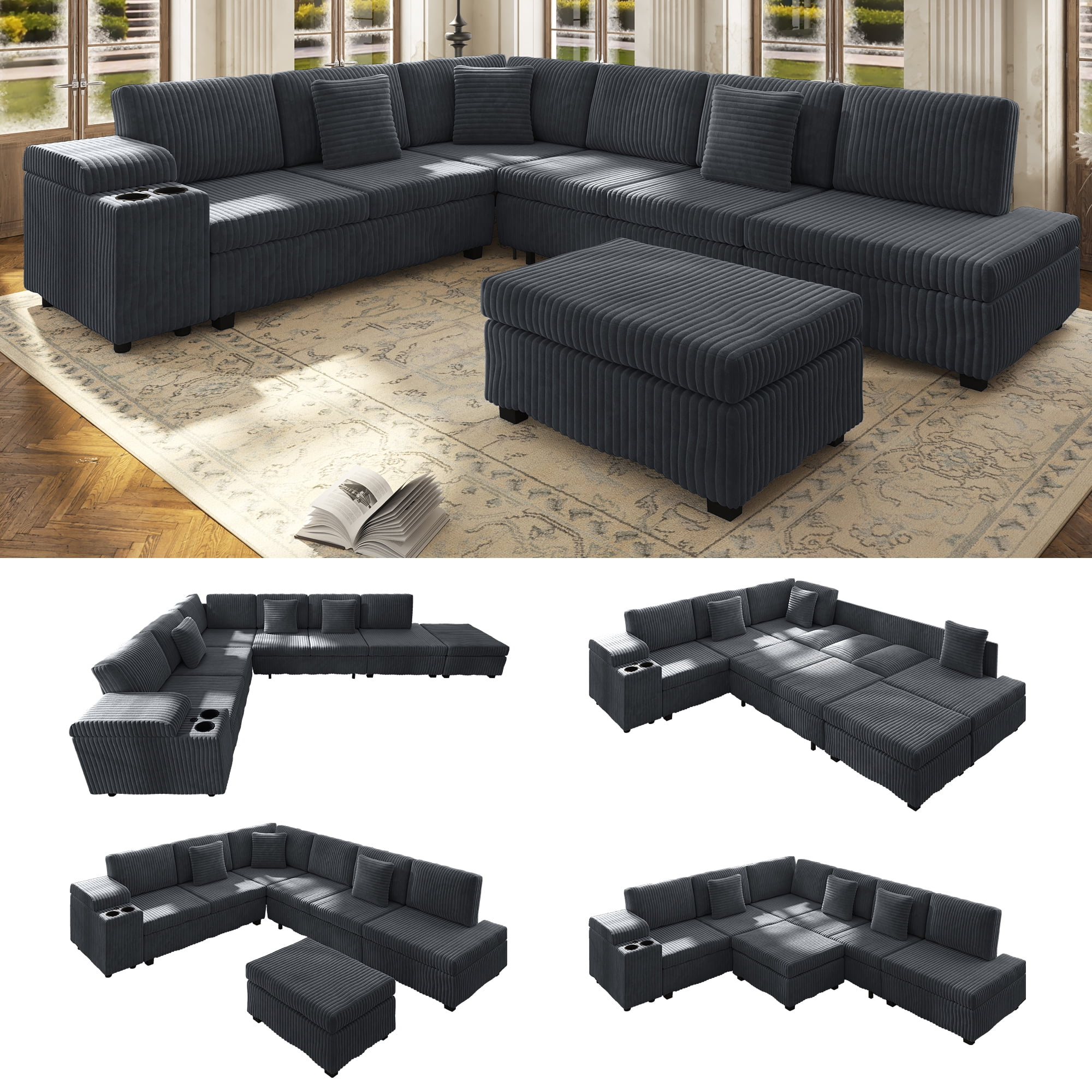 110.2" L-Shaped Sectional Sofa with Removable Ottoman, Covertible Sleeper Sofa with Hidden Armrest Storage, USB Ports & Cup Holders, Plush Corduroy Convertible Couch for Living Room, Apartment