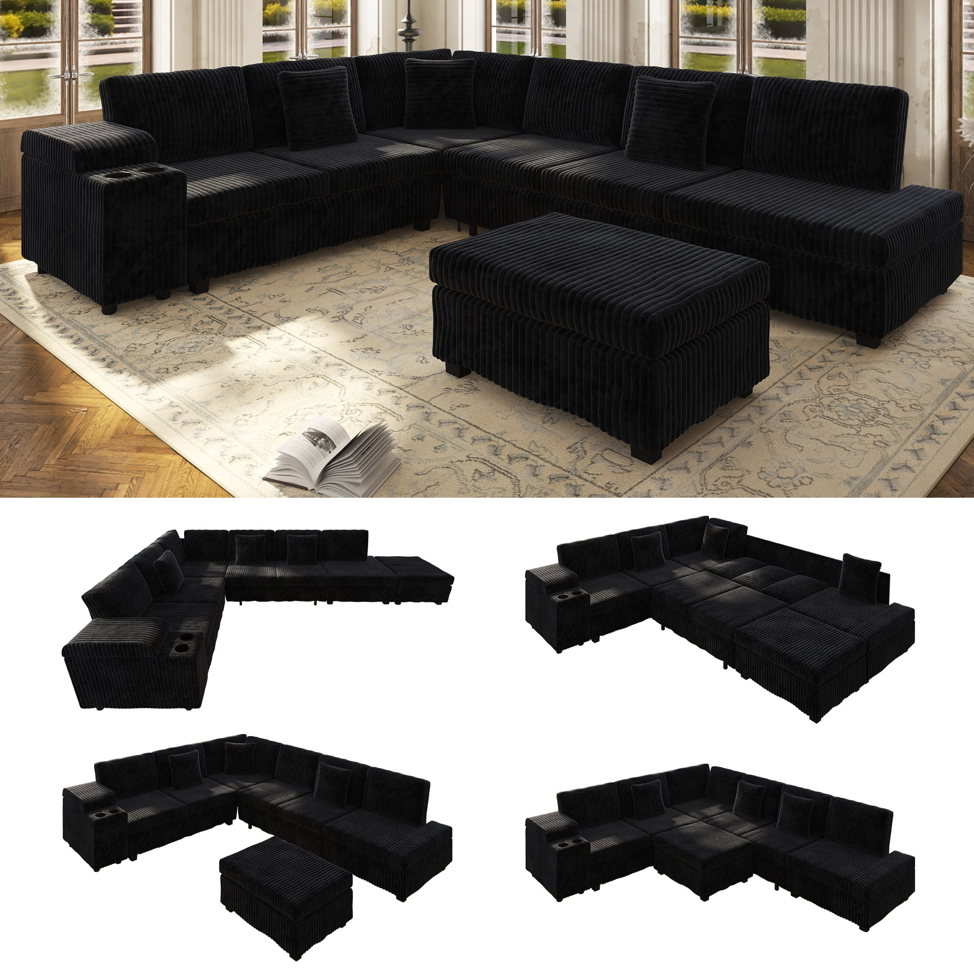 110.2" L-Shaped Sectional Sofa with Removable Ottoman, Covertible Sleeper Sofa with Hidden Armrest Storage, USB Ports & Cup Holders, Plush Corduroy Convertible Couch for Living Room, Apartment
