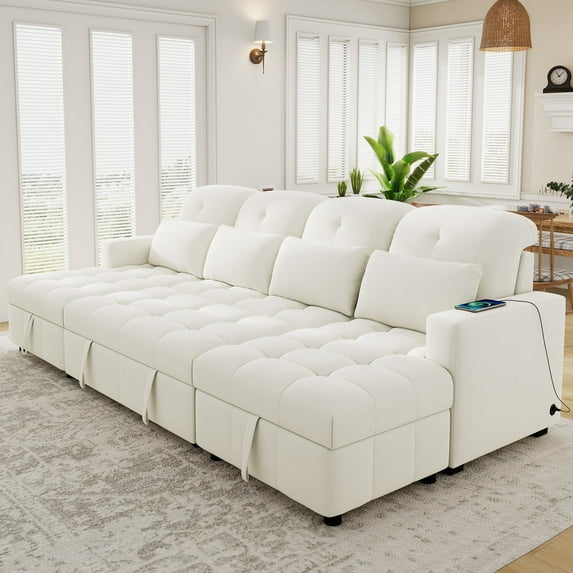 110.2" Oversized U-shaped Sofa Versatile Sectional Sofa Pull-out Sofa Bed with Double Storage Chaise Lounges and Two USB Ports for Living Room (Beige)