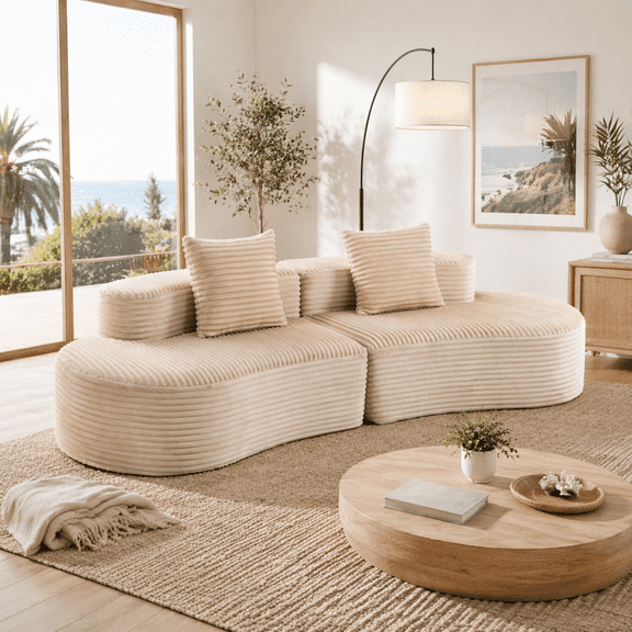 110.24" Green Corduroy Compressed Cloud Sofa, 2-Seater Curved Couch with 2 Pillows