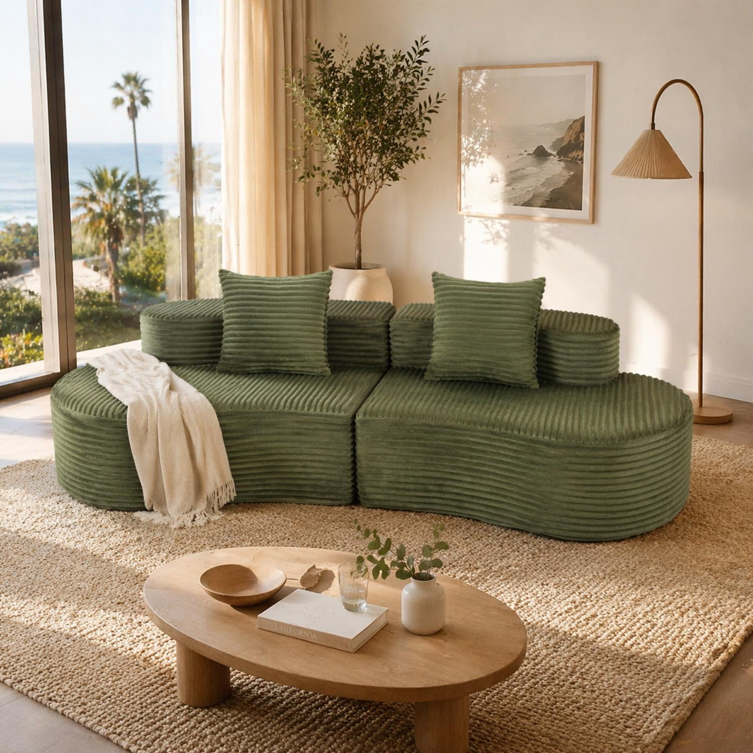 110.24 Inch Fully Compressed Sofa, Corduroy 2-Seater Couch with 2 Lumbar Pillows, Cozy Deep Seat Upholstered Cloud Sofa for Living Room Bedroom No Assembly Needed, Green
