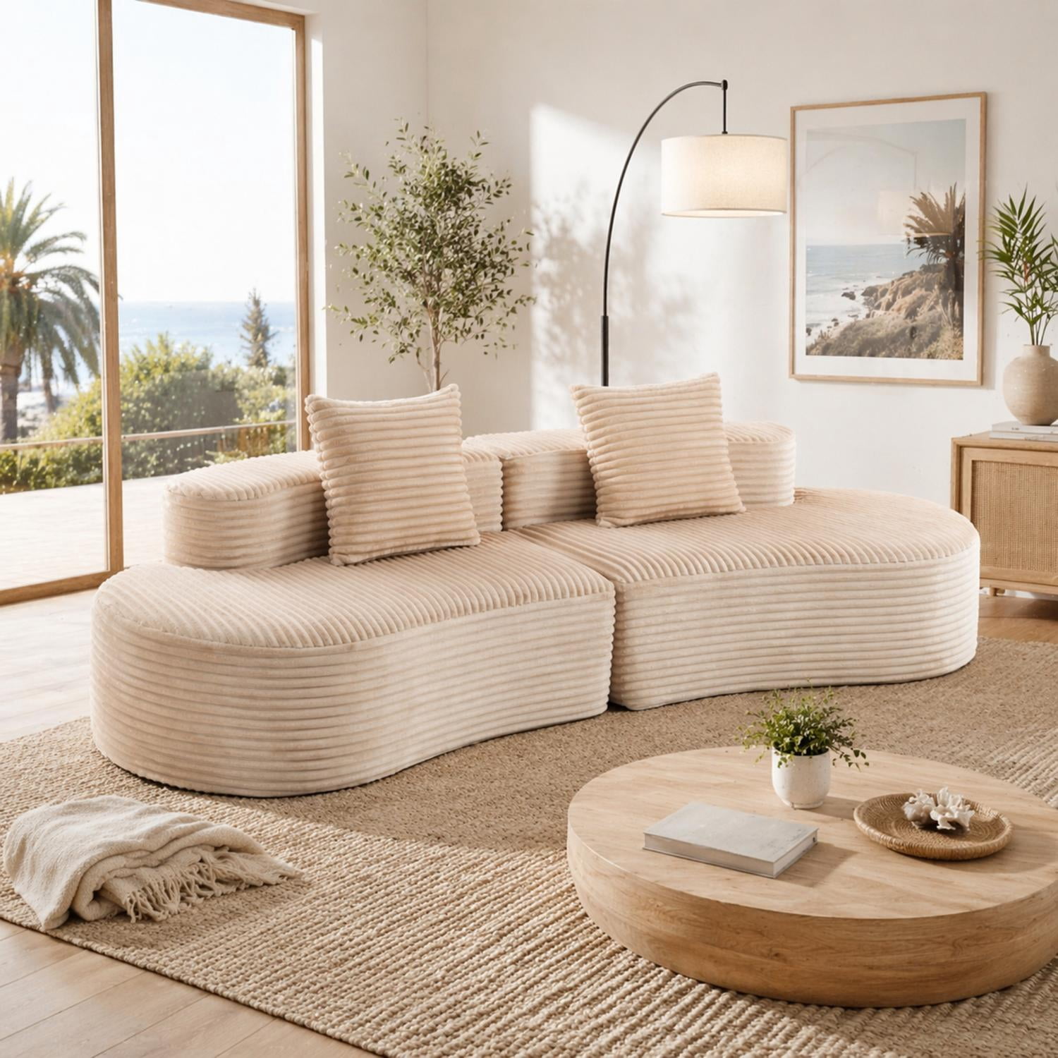 110.24 Inch Fully Compressed Sofa, Corduroy 2-Seater Couch with 2 Lumbar Pillows, Cozy Deep Seat Upholstered Cloud Sofa for Living Room Bedroom No Assembly Needed, Beige