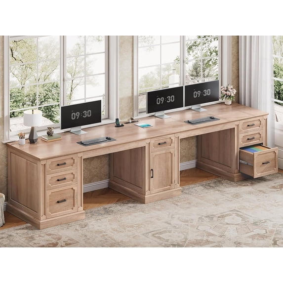 110.3" Long Two Person Desk with 7 Drawers and Storage Cabinet, Farmhouse Computer Desk for Home Office