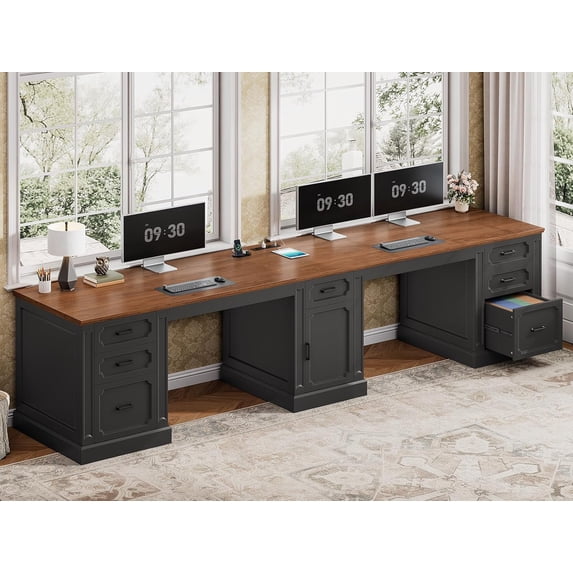 110.3" Long Two Person Desk with 7 Drawers and Storage Cabinet, Farmhouse Computer Desk for Home Office