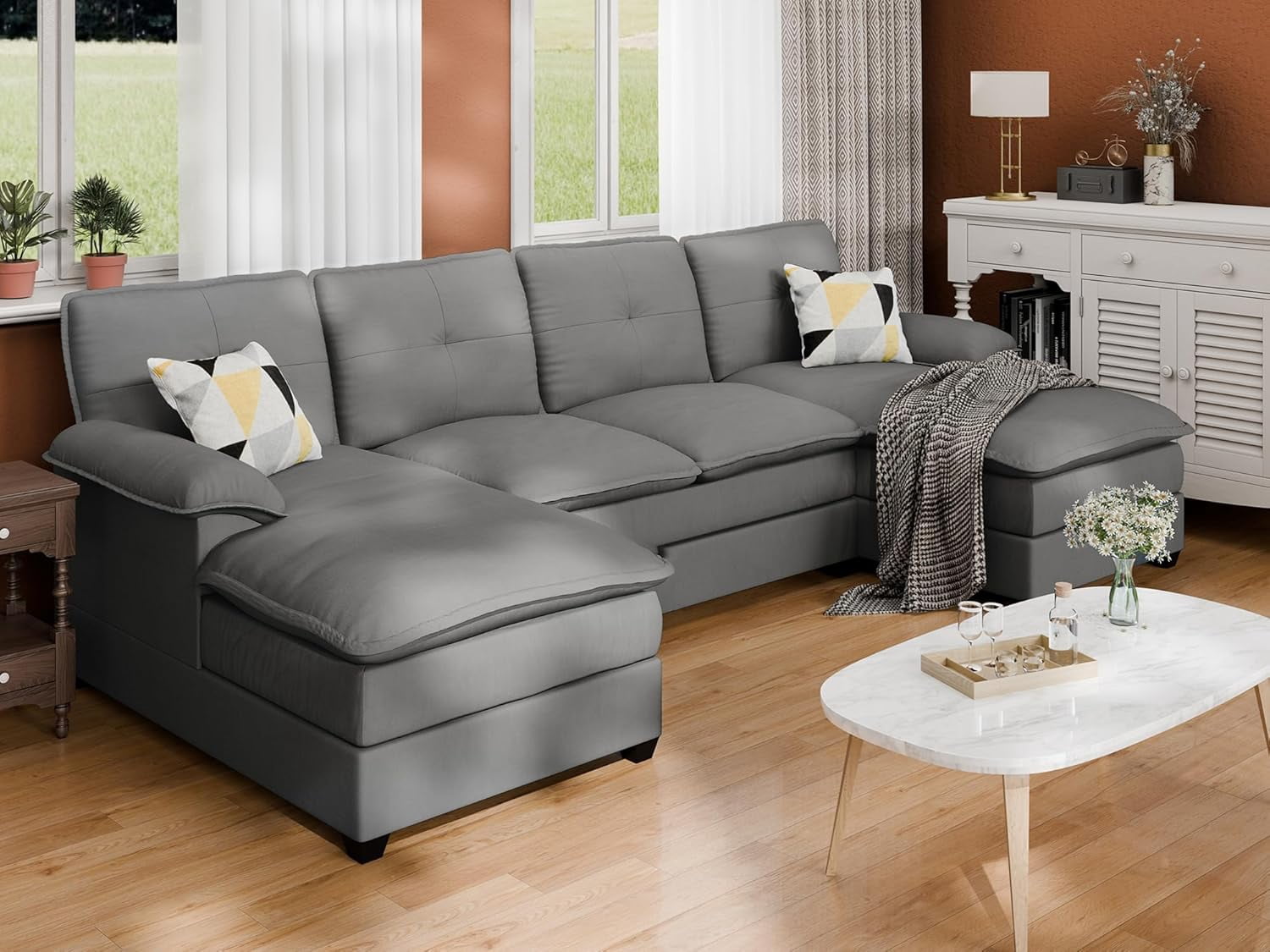 110" U-Shaped Living Room Furniture Set 4 Seat Sectional Sofa with ...