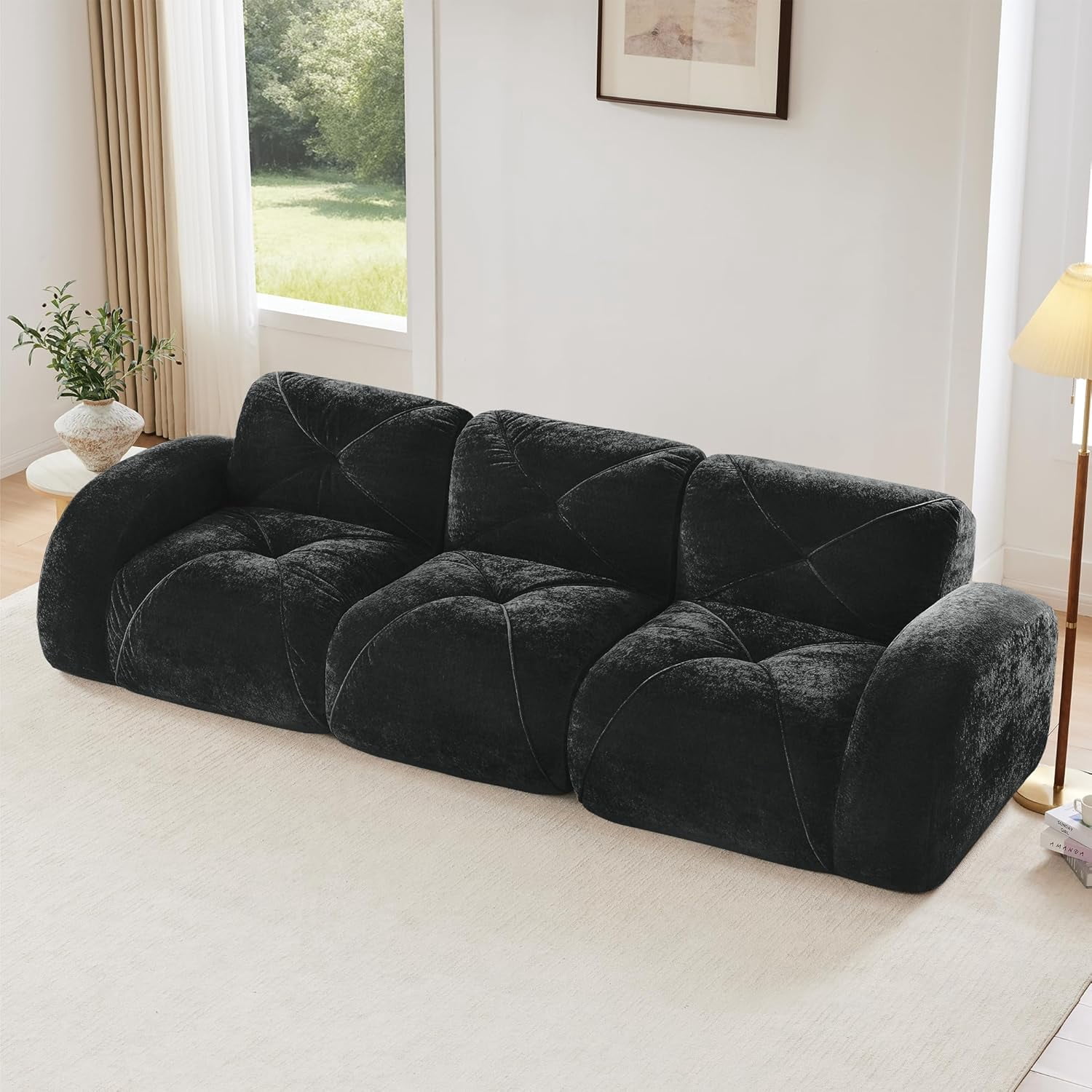 110.6'' Plush Comfy Cloud Couch in Velvet Fabric, Boneless Couch Loveseat for Small Spaces, Black
