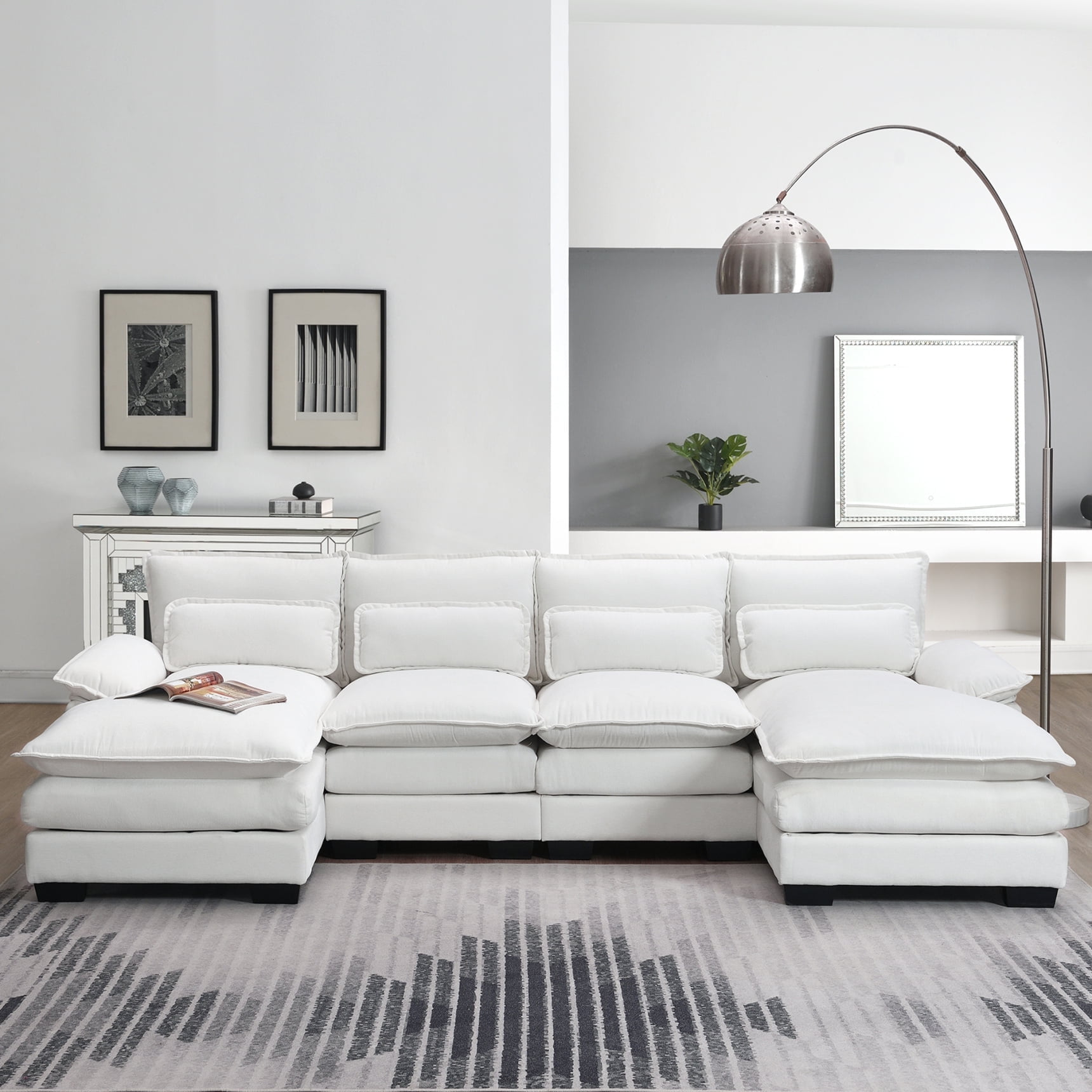 U Shaped 110.6 Sectional Sofa Couch with Pillows Cushions Space for 6 seats White Walmart
