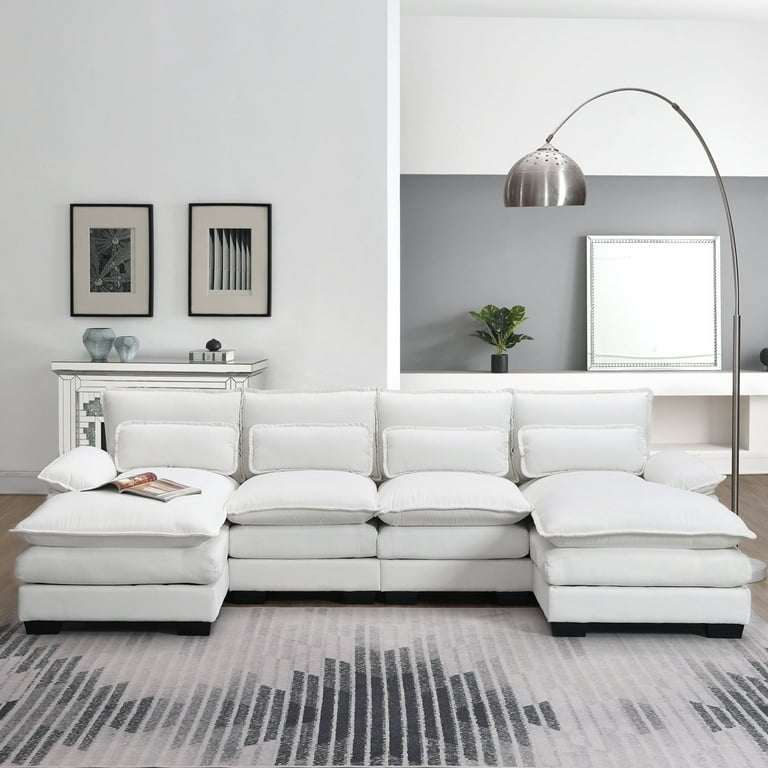 ARCTICSCORPION Chenille Backrests U Shaped Sectional Sleeper Sofa with Pillows and Cushions White