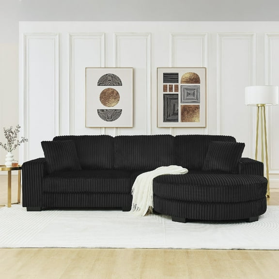 110.63" Corduroy Tufted Upholstered Sleeper Sectional Sofa, L-Shaped Modular Convertible Sofa , The arc-shaped footstool can be placed freely on the left and right, Black