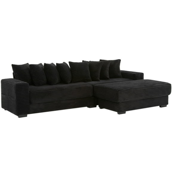110.75" Modular L Shaped Sofa, Corduroy Fabric Sectional Couch with a Movable Footstool, Cup Holders, Bring 8 Throw Pillows, Side Pocket, Unfold Into a Bed (Black)