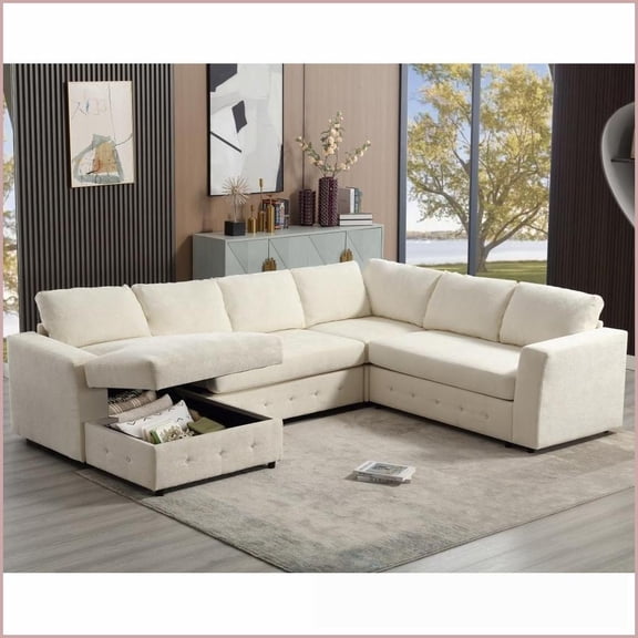 110.75" U-Shaped Sectional Sofa with Storage Chaise, Modern Chenille Beige Sofa with Crystal Buttons for Living Room | Beige | Chenille | Modern | Cushion Back | Square Arms