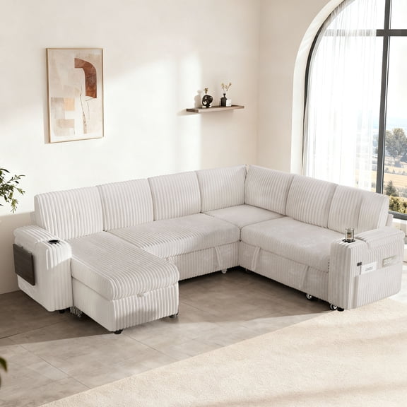 110" Beige Corduroy Modular 7-seater L-shaped Sectional Sleeper Sofa Bed with Pull Out Bed,USB Ports,Cup Holders,Side Pockets,Armrest Storage