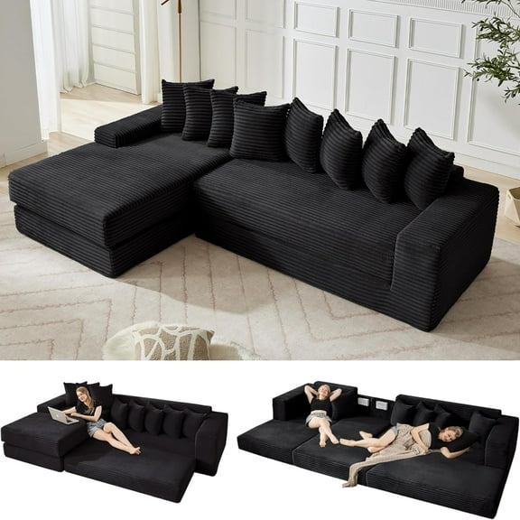 110'' Boneless Couch, Modern Corduroy Couch, Convertible Sleeper Sofa Bed Full, Left L-Shaped Floor Sofa, 8 Pillows, 2 Movable Pockets, Sectional Couches for Living Room, Apartment, Black