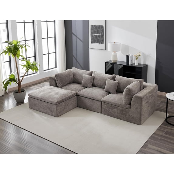 110" Boneless Sectional Cloud Sofa with Ottoman, Convertible L Shaped ...