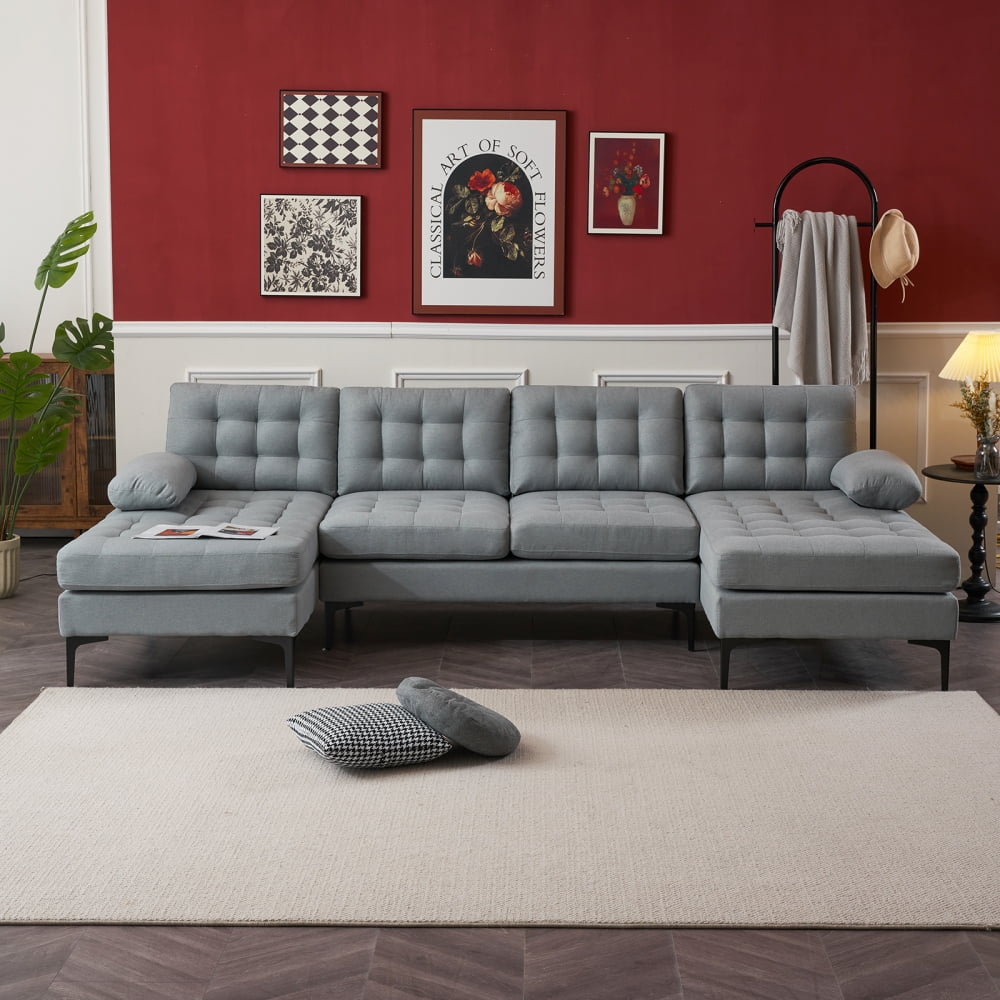 110" Button Tufted Sectional Sofa,4Seater Modular UShape Sofa Couch,Linen Fabric Upholstered