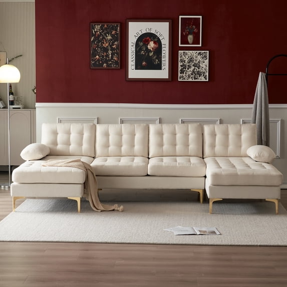 110" Button Tufted Sectional Sofa,4-Seater Modular U-Shape Sofa Couch,Linen Fabric Upholstered Sofa with Double Chaises & Metal Legs,for Living Room,Office,Apartment,Beige