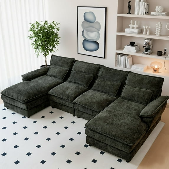 110" Cloud Couch, Black-Gray U Shaped Sofa with Double Chaise, Chenille, Memory Foam & Pillows, Modern Sectional Couch for Living Room