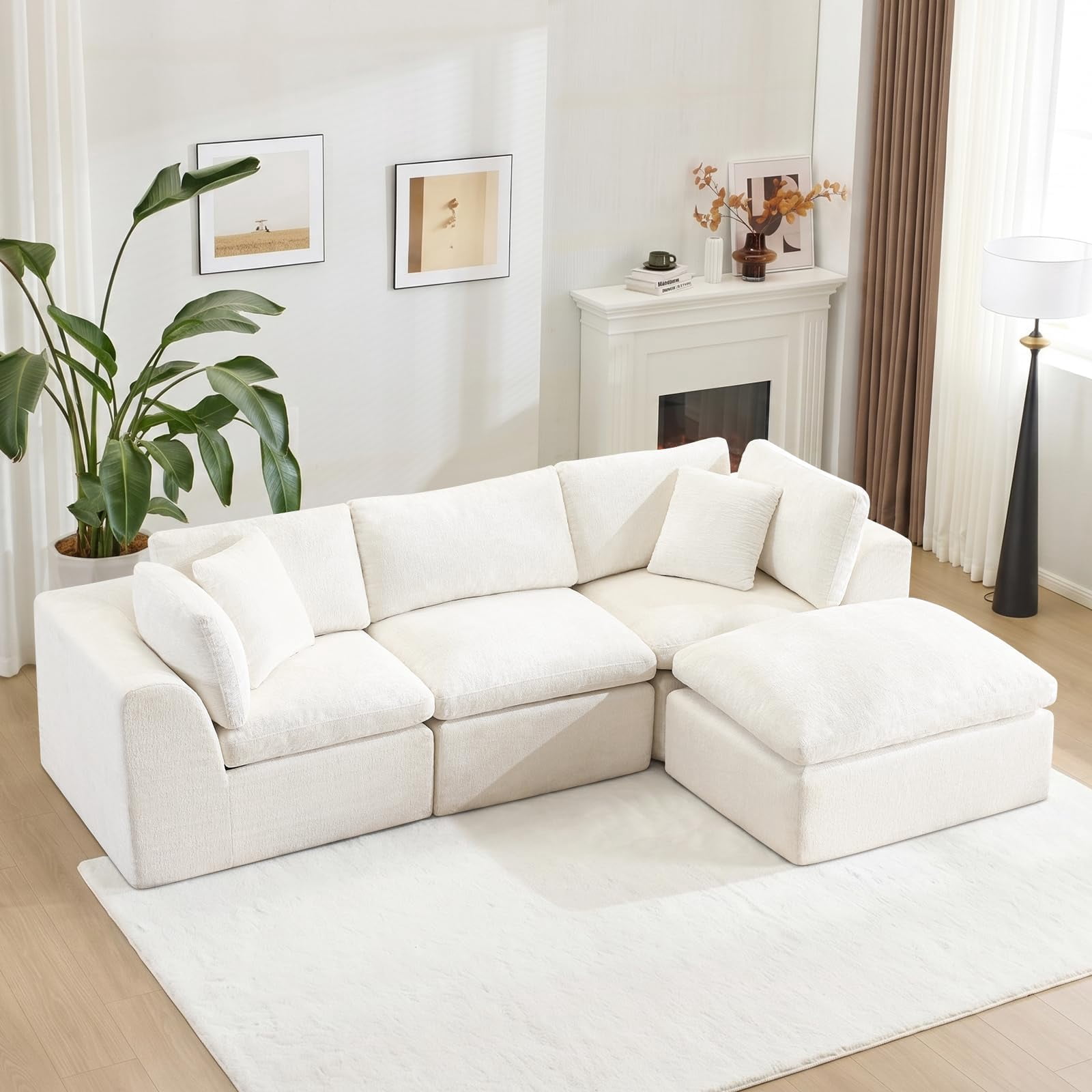 110" Cloud Couches Boneless Couch 3 Seater Sofa Modular Sectional Sofa with Ottoman, No Assembly Required