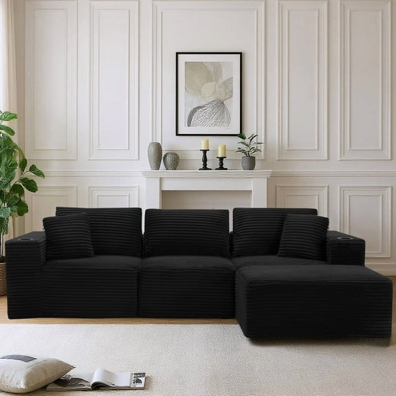 L-Shape Upholstered Deep Seat and No Assembly Required Sectional Sofas with Ottoman, Black