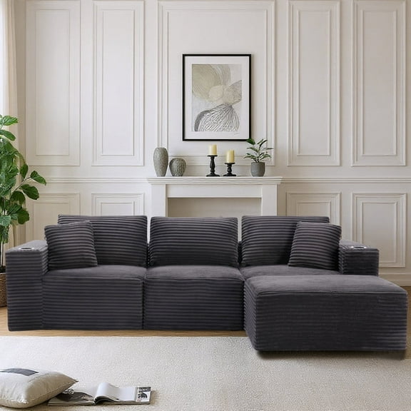 L-Shape Upholstered Deep Seat and No Assembly Required Sectional Sofas with Ottman, Dark Grey