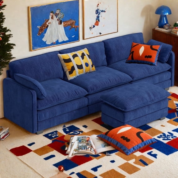 110" Cloud Modular Sectional Sofa for Living Room, Jolifa L-Shaped Cloud Sofa with Corduroy Fabric, 3 Seat Couch with Movable Ottoman, Blue