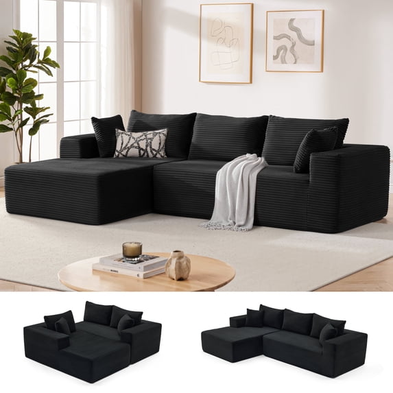 Weture Sectional Sofa, Corduroy Modular Sofa, Multifunctional and Pillows, Left-Facing Chaise, Black