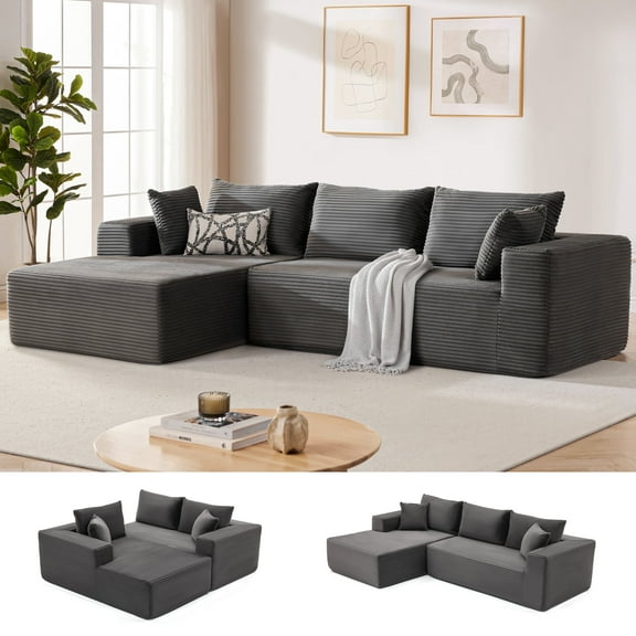 Weture Sectional Sofa with Pillows, Corduroy Multifunctional Couch, Left-Facing Chaise, Dark Grey