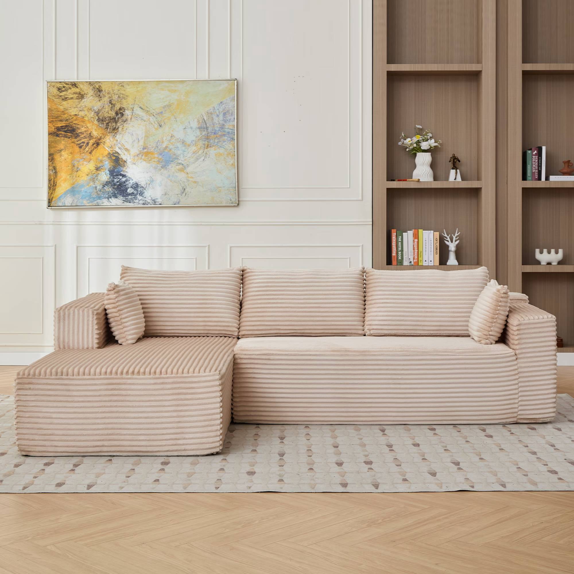 110" Cloud Sectional Couch with Chaise,Modern L-Shape Modular Sofa Corduroy Sleeper Couches for Living Room, Beige