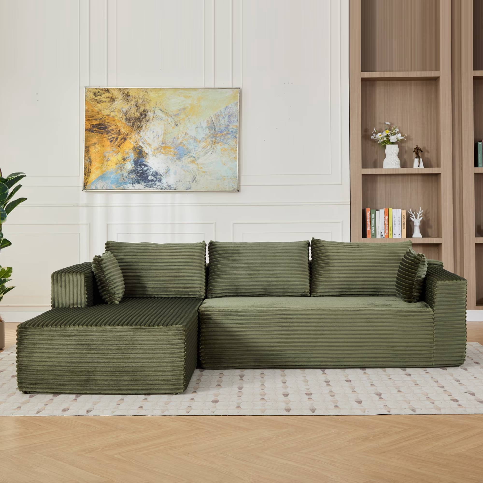 110" Cloud Sectional Couch with Chaise,Modern L-Shape Modular Sofa Corduroy Sleeper Couches for Living Room, Green