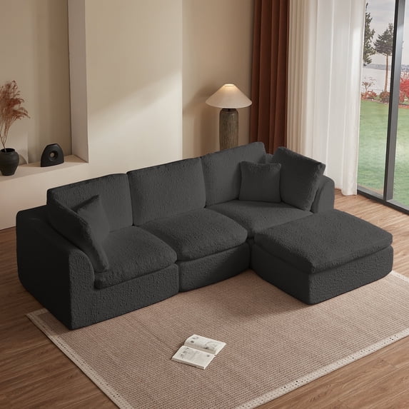 110" Modular Sectional Sofa, Boneless Convertible L-Shape Couch with Ottoman, 3 Seater Cloud Sectional Couches for Living Room,Office,Dark Grey