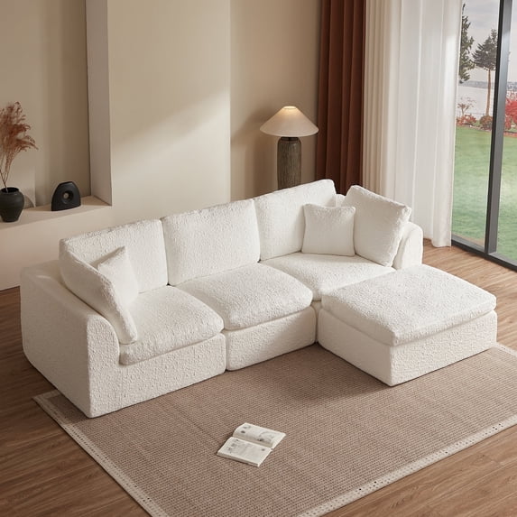 110" Cloud Sectional Couches for Living Room, Convertible L-Shape Couch with Ottoman, 3 Seater Modular Sectional Sofa, Warm White