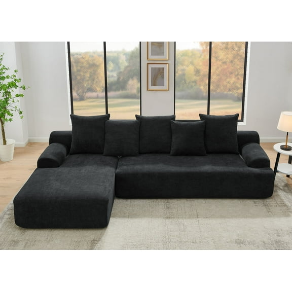 110" Compressed Sofa, Modular Sectional Sofa with Pillows, L-Shape Sofa with Free Combination, Sofa in a Box, No Assembly (Velvet, Black)