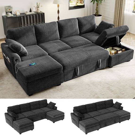 BedLuxury 104" Large Sectional Sofa with Pull Out Bed, Storage Ottoman & USB Charging , U Shaped Sleeper Couch for Living Room, Corduroy Black
