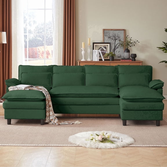 Pingliang Home 104.7" U Shaped Sectional Sofa Cloud Couch, Linen Sofa Couches with Double Chaise and 4 Pillows for Living Room Apartment Office Studio, Green