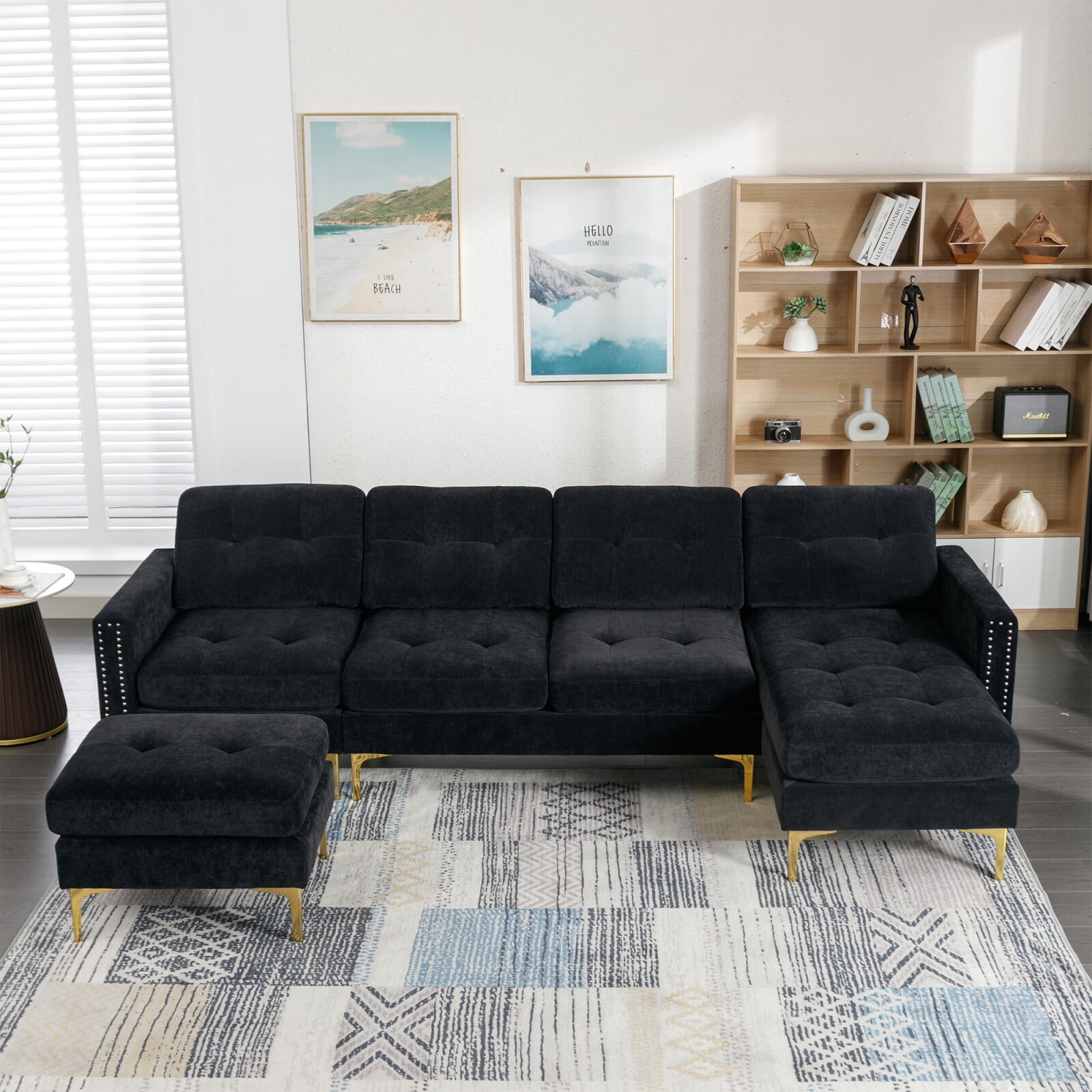 Modern Chenille Cloud Sofa – 4-Seater U-Shaped Sectional With 2 Ottomans – Deep Seats, Reversible Design, Easy Assembly, Black