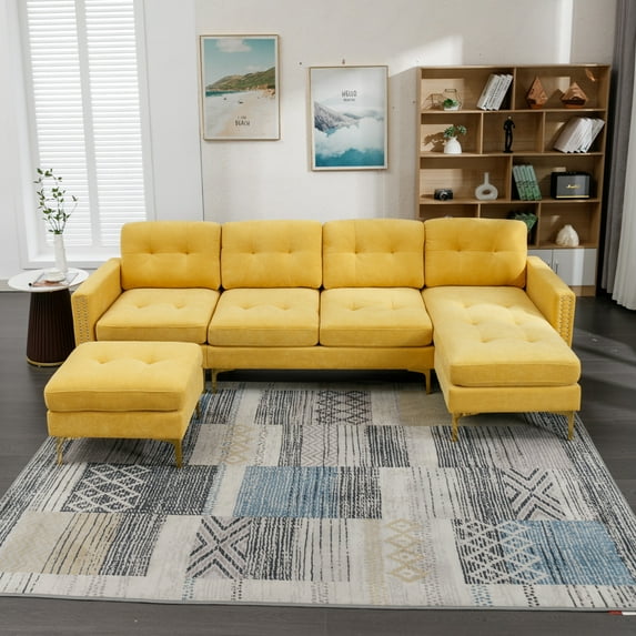 110" Convertible Sectional Sofa, U-Shaped Sofa Couch with Reversible Chaise and Movable Ottoman, 5-Seater Modular Sofa Set with Side Pockets and Nailhead Trims, Yellow