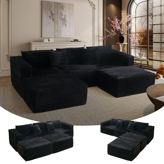 GGUG Sectional Sofa, 110" Modular U-Shaped Boneless Couch with 2 Ottomans 5-Seat Sofa for Living Room Apt, Black