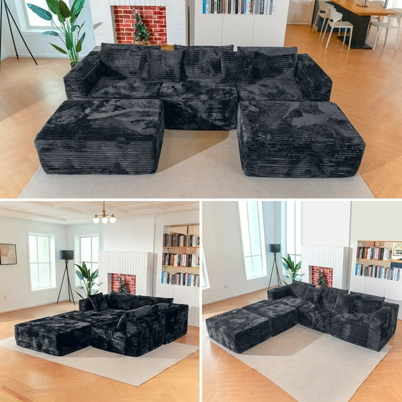 GGUG Sectional Sofa, 110" Modular U-Shaped Boneless Couch with 2 Ottomans 5-Seat Sofa for Living Room Apt, White