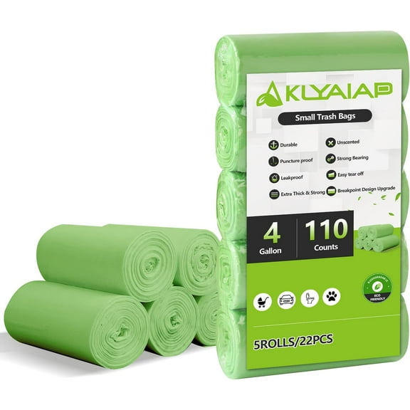 110 Counts Small Trash Bags Biodegradable, Extra Thick & Strong 4 Gallon Trash Bag Green, Unscented Small Garbage Bags, Easy Tearing Waste Basket Liners for Kitchen, Bathroom, Bedroom, Office