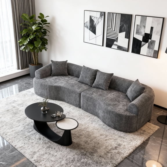 110" Curved Boneless Sectional Sofa, Modular Compression Cloud Couch with High-Density Foam, Chenille Fabric Deep Seat Sofa for Living Room, Apartment & Lounge, Gray