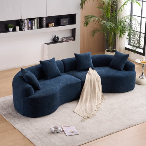 110" Curved Chenille Large Sofa, Mid-Century Modern Sofa with Modular Design, Oversized Sofa Chair for Living Room Apartment Lounge, Antique Blue