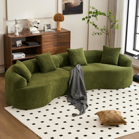 110'' Curved Chenille Sectional Sofa - Boneless, Modular Sleeper Couch for Living Room, Bedroom, Apartment Lounge - Plush Green, Medium-Firm, All-Foam Design for Safety & Easy Moving
