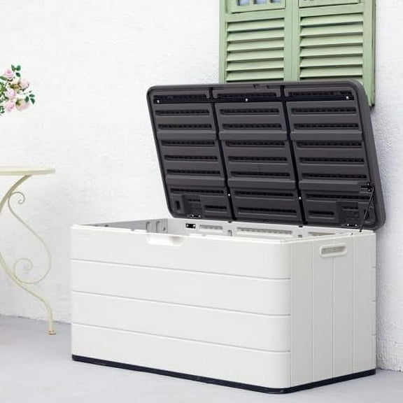 110 Gallon Deck Box Waterproof,Double-Wall Resin Outdoor Storage Boxes, Deck Storage for boat slip storage,Cushions, Pool Float, Garden Tools,Patio Furniture, Lockable (OFF-WHITE)$$Garden & Patio